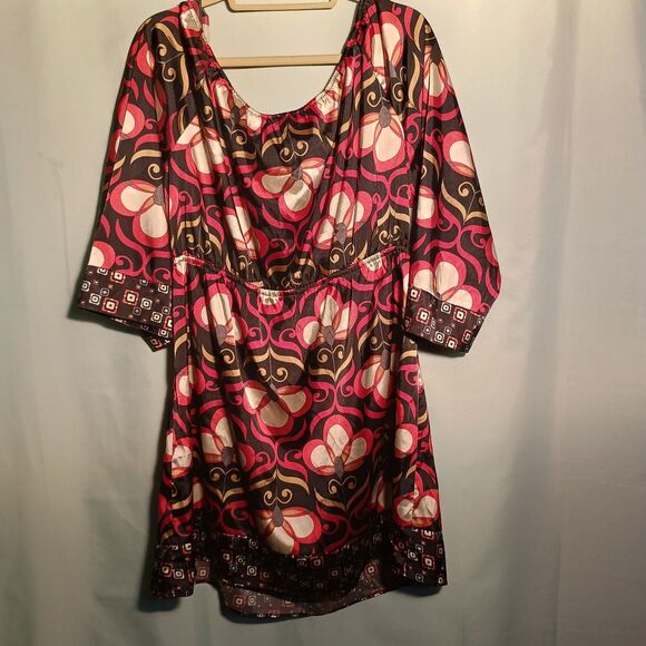 Retro Floral Print Tunic Blouse – 70s Style Satin Top with Drawstring Waist - Picture 4 of 4